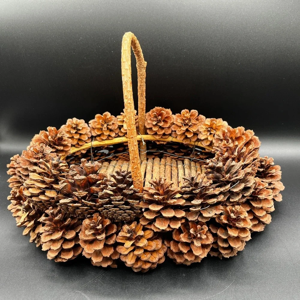 Handmade Pinecone Basket Rustic Woodland Twig Base Natural Wood Handle 14x10 in